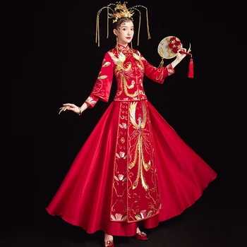 

Chinese Bride Dress Vintage Embroidery Phoenix Long Qipao Evening Gown Ancient Wedding Gift Novelty Marriage Suit Oversize 3XL