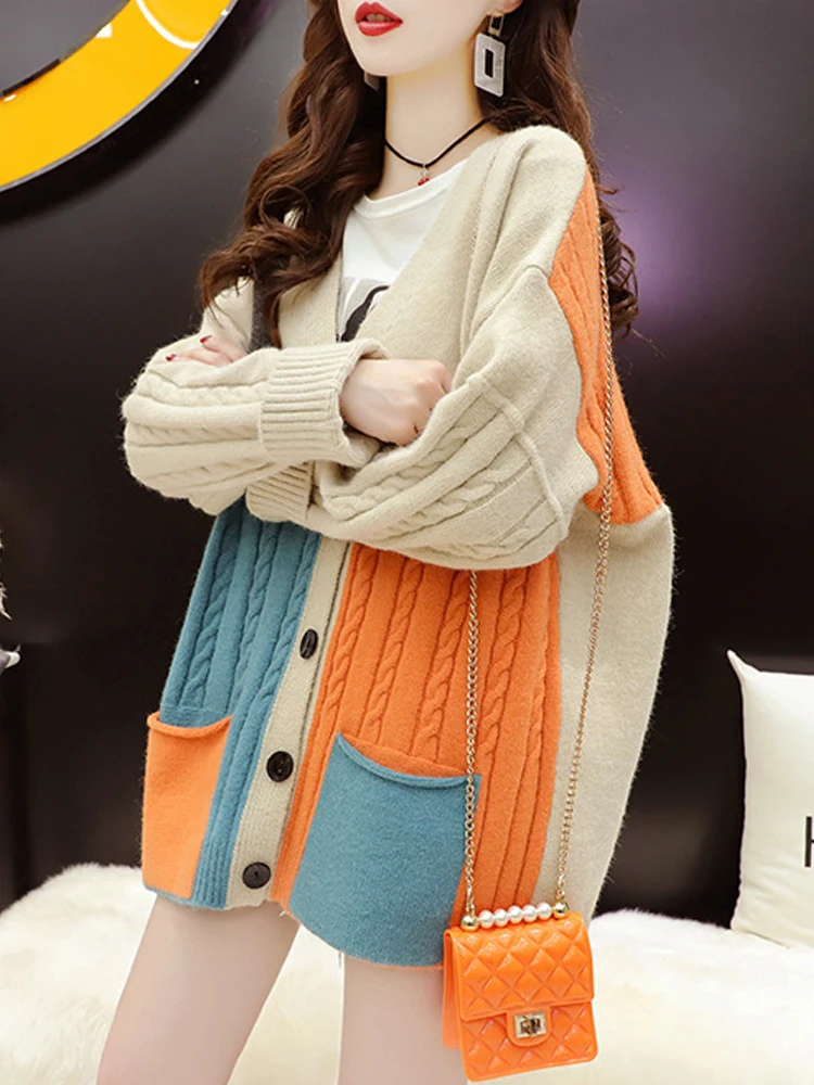 TIGENA Contrast Knitted Cardigan Women with Pocket 2021 Fall Winter Korean Loose Long Sleeve Sweater Jacket Female Outwear Coat |
