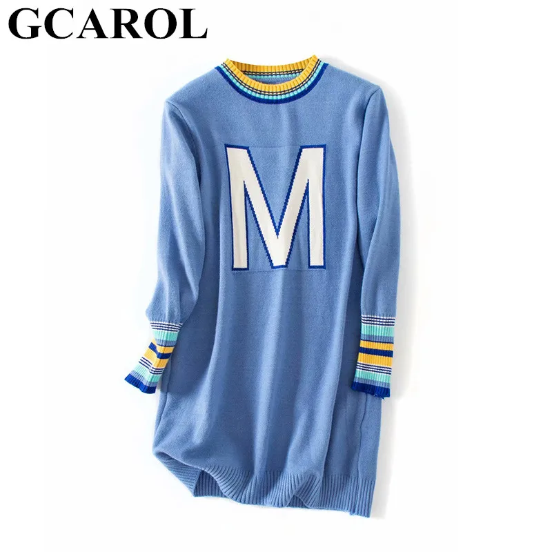 Blue GCAROL корейский женский жаккардовый длинный свитер с буквенным принтом, тянущийся милый вязаный джемпер контрастного цвета, повседневный вязаный пуловер в уличном стиле - Цвет: Blue