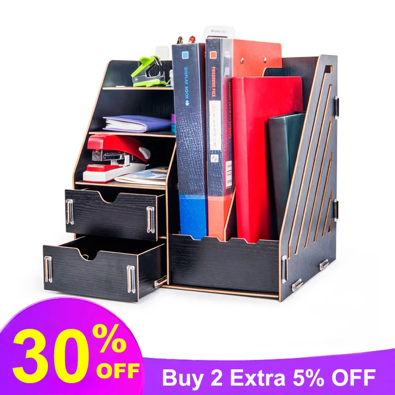 

DIY Desktop Storage Box Multi-layer File holder Office File holder Wooden Stationery Basket Wood grain Glosen D9116