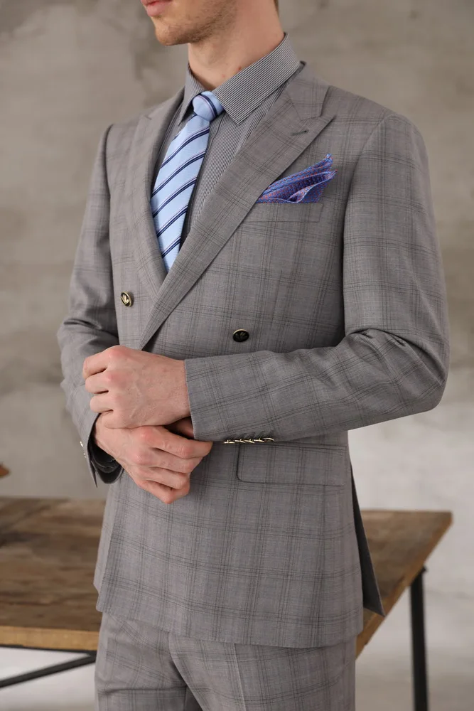 Tailor-made high quality worsted 150's wool Green and organ check Suit Men double breast reverse collar suit