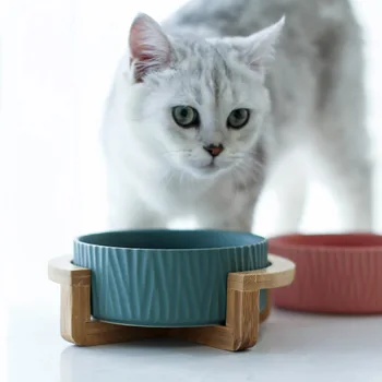 

Ceramic Cat Dog Bowl Dish with Wood Stand No Spill Pet Food Water Feeder Cats Small Dogs cat feeder