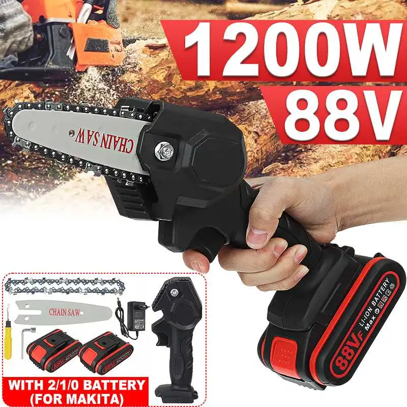 4 Inch 88V 1200W Mini Electric Chain Saw With 2PC Battery Woodworking Pruning One-handed Garden Tool Rechargeable EU Plug | Инструменты