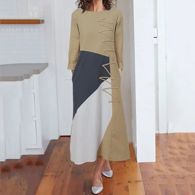 Celmia Women Patchwork Maxi Dress Kaftan Vintage Office Work Vestidos 2020 Autumn Fashion Casual Long Sleeve Party Dresses Robe