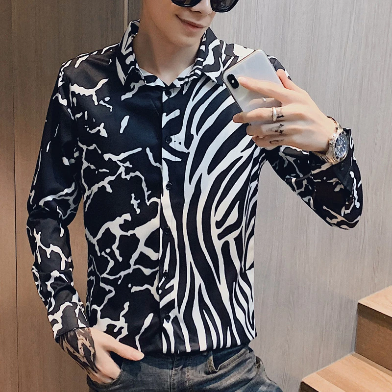 

Korean Clothes Men Long Sleeve Shirt Leisure Time Leopard Print Split Joint Shivering Flower Shirt Men Ropa De Hombre 2019