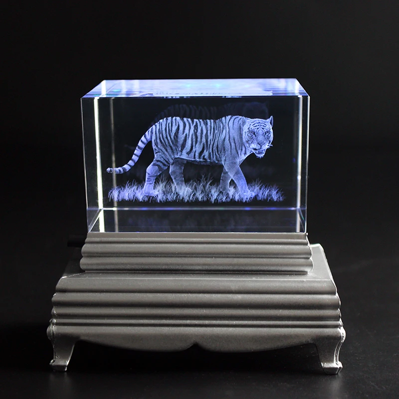 3D Laser Engraved Cube K9 Crystal Tiger Image Sculpture White DIY Souvenir Crafts 4