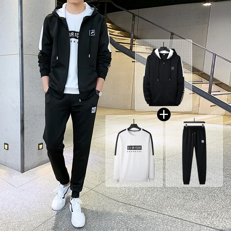 

2019 Spring And Autumn New Style Sports Clothing Men Hooded Cardigan Fleece Set Korean-style Three-piece Set Trend Coat
