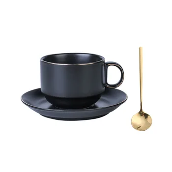 

Ceramic Coffee Cup And Saucer Porcelain Tea Cup Set With Stainless Steel Spoon Black