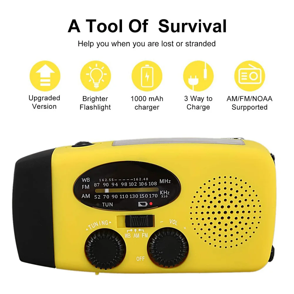 5 in 1 휴대용 비상 FM 라디오 1000mAh 보조 배터리, 핸드 크랭크, 자체 전원, AM/FM/NOAA, 3 개의