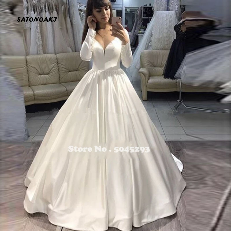 2022 Long Sleeve Ball Gown Satin Wedding Dress For Women V-Neck Puffy Vintage Sweep Train Floor Length Vestidos De Novia Mariée blue wedding dress