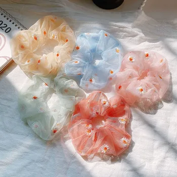 

New Women Mesh Yarn Hair Band Sweet Small Daisy Flower Embroidered Hair Ring Ties Elastic Head Rope Girls Hair Accessories