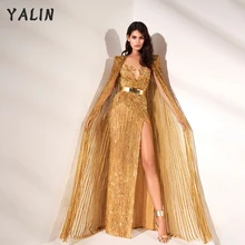 

YALIN Sparkly Gold Mermaid Evening Dresses With Wrap Luxury Side Split Sequin Prom Dress Formal Party Pageant Gown Vestidos