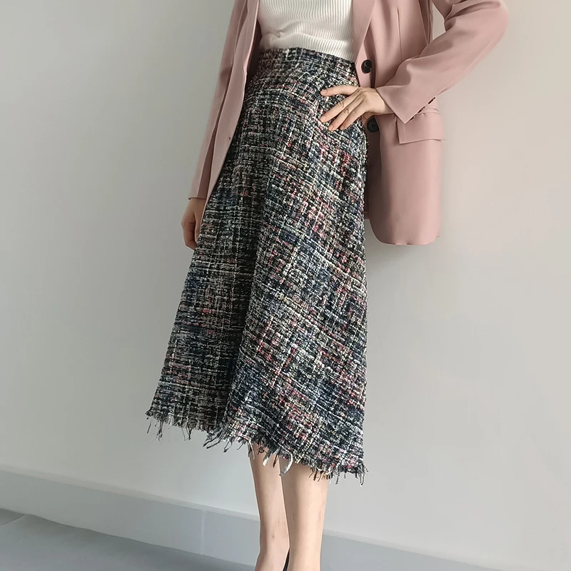 Free Shipping 2020 New Fashion Long Mid-calf Women A-line S-2XL High Waist Winter And Autumn Plaid Skirts Wool High Quality