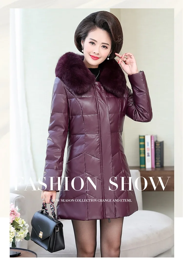 New Style Winter Elegant Europe And America Solid Color Leather down Jacket Fox Fur Collar Medium-length Laos WOMEN'S Dress