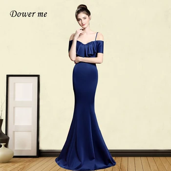

Navy Blue Evening Dress GDX255 Spaghetti Strap Long Mermaid Evening Dresses 2020 Elegant Rufffles Boat Neck Robe De Soiree