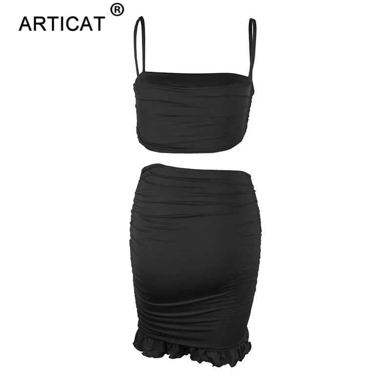 Articat Women Sexy Bodycon 2 Piece Dress Set Ruffles Spaghetti Strap Crop Top Summer Mini Skirts Suits Fashion Solid Outfits