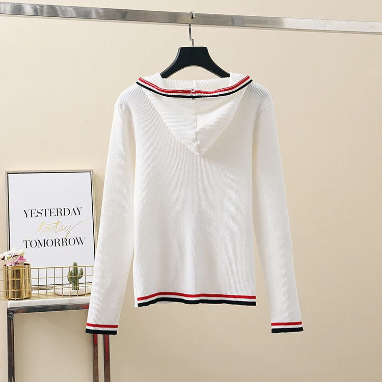 Осенние новые полосатые вязаные куртки женские корейские однобортные с v-образным вырезом с капюшоном кардиган свитер женский тонкий с карманом короткий кардиган