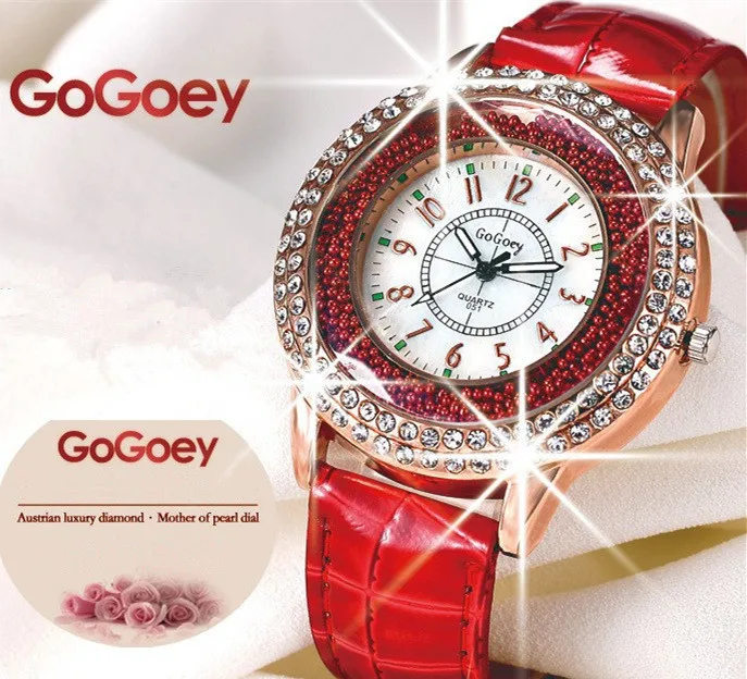 

AliExpress Hot Selling Gogoey Girl'S Full of Crystals Leather Watch Women's Top Grade Quartz Watch