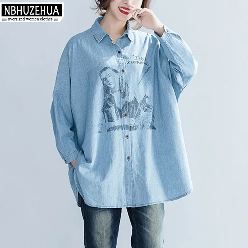 

NBHUZEHUA Denim Blouses Women European Style Autumn Oversize Loose Print Long Sleeve Plus Size Shirt Camisas Feminina 19-D433