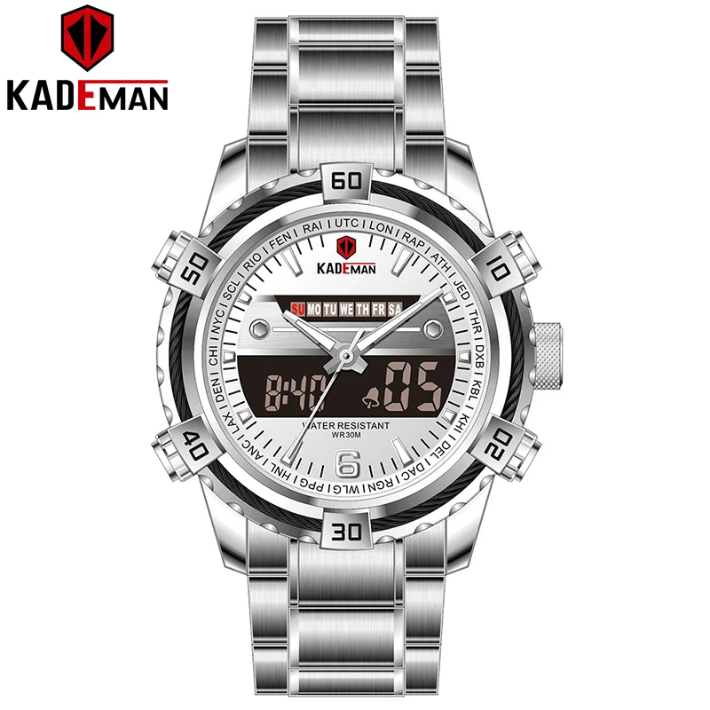 KADEMAN Роскошные мужские часы светодиодный дисплей цифровые часы Военные Спортивные наручные часы Лидирующий бренд 3ATM нержавеющая сталь Relogio Masculino - Цвет: K6173-S-W-S