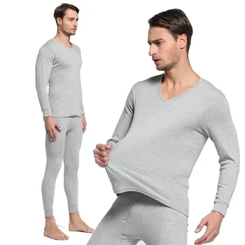 

2019 Winter 100% Cotton Round Neck Warm Long Johns Set For Men Ultra-Soft Solid Color Thin Thermal Underwear Men's Pajamas M-3XL