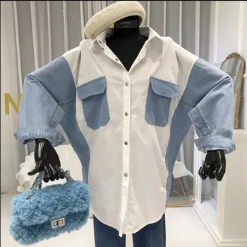 

Spring and autumn 2020 new Korean jeans patchwork Pocket Shirt women's air long sleeve loose casual bottoming top trend