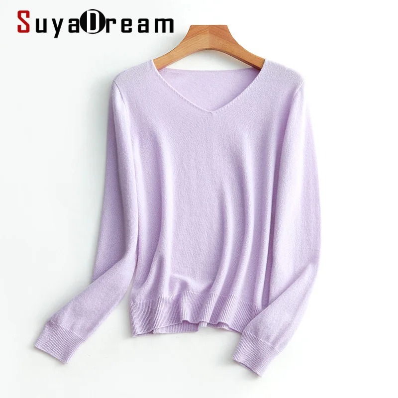 SuyaDream Women Sweaters High Quality 100%Cashmere Basic V neck Pullovers 2021 Fall Winter Simple Chic Knit Wear