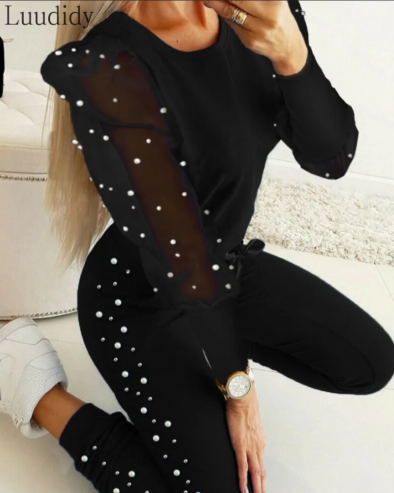 Women Beaded Sheer Mesh Sleeve Top &amp Pants Set |