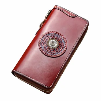 

Brand handmade men's wallet long section of first layer of leather hand-sewn wallet inlaid silver buckle storage women wallets