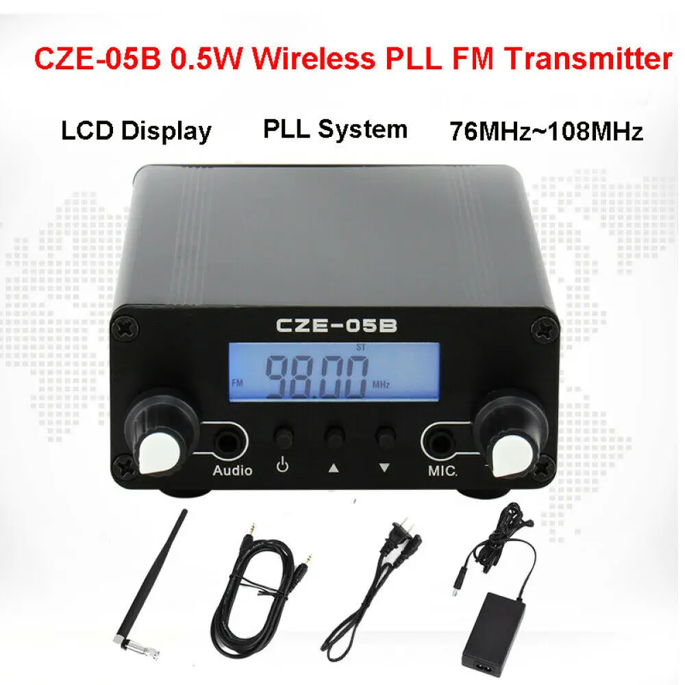 FM Transmitter,PLL FM Long Range 0.5W Stereo Broadcast with LCD Screen Antenna Power Adapter Adjustable