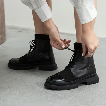 

MORDOAN Genuine Cow Leather women shoes leather Martin boots 2020 autumn and winter new lace-up mid-heel Round head Ankle boots