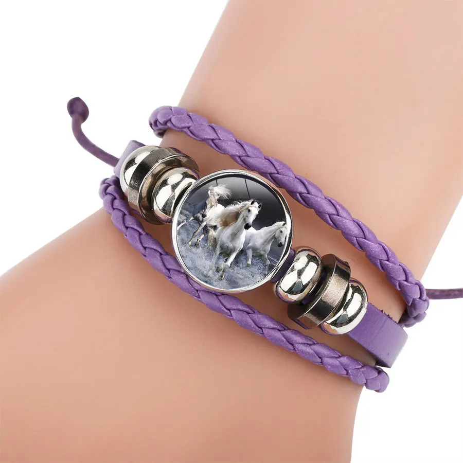 Pulsera de cuero multicolor con patrón de caballo de dibujos animados, brazalete tejido con cuentas hechas a mano, brazalete de caballo de múltiples capas púrpura, nuevo estilo