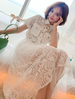 

Stylish Elegant Temperament Lapel Lace Stitching Mesh Waist Hugging Feminine Dress Women's Fashion Summer New