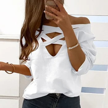 

White Criss-Cross Deep V-neck Women's Sweatshirt Autumn Long Sleeve Female Sweatshirts Streetwear Solid New Casual Lady Hoodies