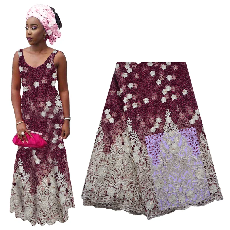 

Latest African Lace Fabric 2019 Flower Embroidered Nigerian Lace High Quality French Tulle Lace Fabric with Beads For Wedding