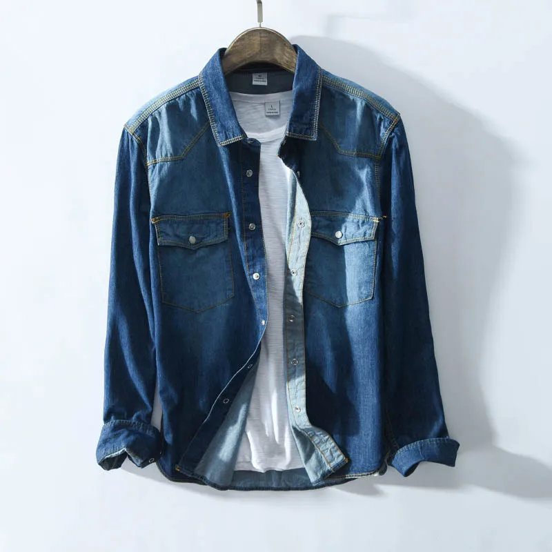 KIOVNO Men 100% Cotton Denim Shirts Long Sleeves Slim Fit Jeans Shirts For Male Size M-3XL Front Two Pockets  (2)