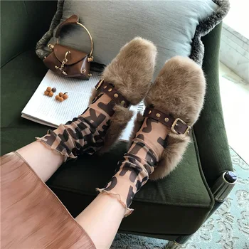 

Natural Rabbit Fur Slippers Women Shoes Indoor Furry Slippers Warm Home Slides Ladies Flip Flops Flat-soled Plush Shoes