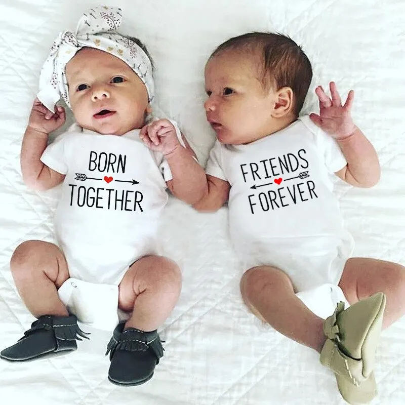 1 Pz Nato Insieme E Amici Per Sempre Bambino Estate Maniche Corte Pagliaccetti Casual Gemelli Body Bambino Bambino Carino Ropa