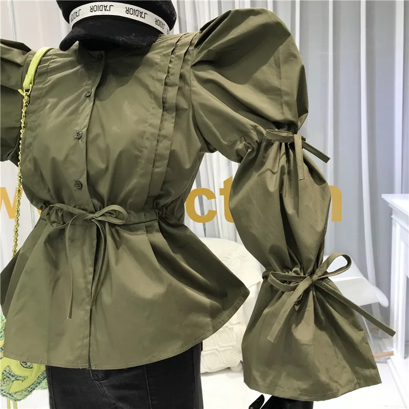 Весенняя рубашка на шнуровке с длинными рукавами и галстуком-бабочкой, Новая модная женская одежда, свободная армейская зеленая рубашка, женская блузка, топы на бретелях, SA601S30