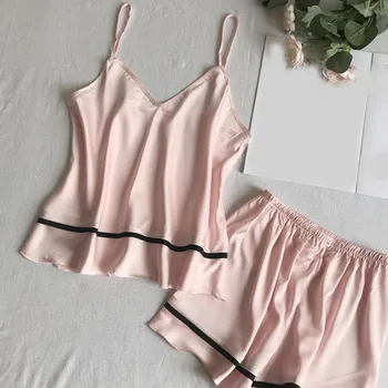 

Women Sleeveless V Neck Cami Satin Pajamas For Women Summer Solid Sleepwear Ladies Shorts Sexy Pajamas Set #C