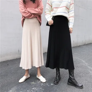 

2 colors Autumn winter female knitted Skirts 2020 Women High elastic Waist long pleated Skirt midi a line skirts womens (Xh4249)