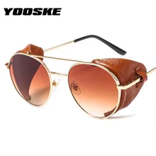 YOOSKE Круглые Солнцезащитные очки для женщин, люксовый бренд, стимпанк сплав, солнцезащитные очки для мужчин, Ретро стиль, кожа, оправа, панк стиль, очки, UV400