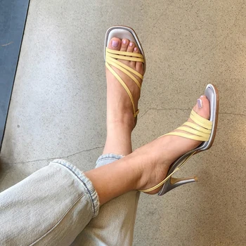 

Genuine leather 7cm High heels ladies Sandals slip-on narrow band Party wedding summer Shoes woman yellow silver