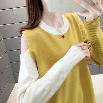 

155882 room side row No.2 down] actual photo of new sleeve color matching hollow off shoulder Pullover 46