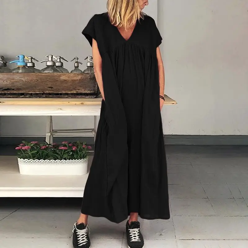 

Summer ZANZEA Casual Solid Sundress 2019 Women V Neck Long Maxi Dress Short Sleeve Cotton Beach Party Vestido Dresses Femme Robe