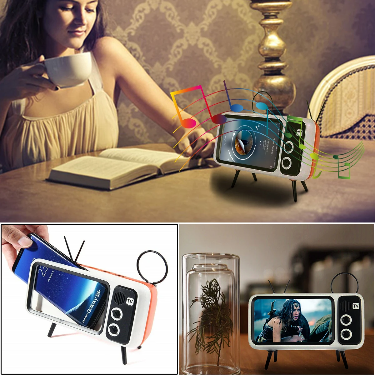 Portable 3 In 1 Wireless Bluetooth Speaker with Power Bank Function Phone Bracket BT Speaker Audio Retro TV Shaped Travel Gifts