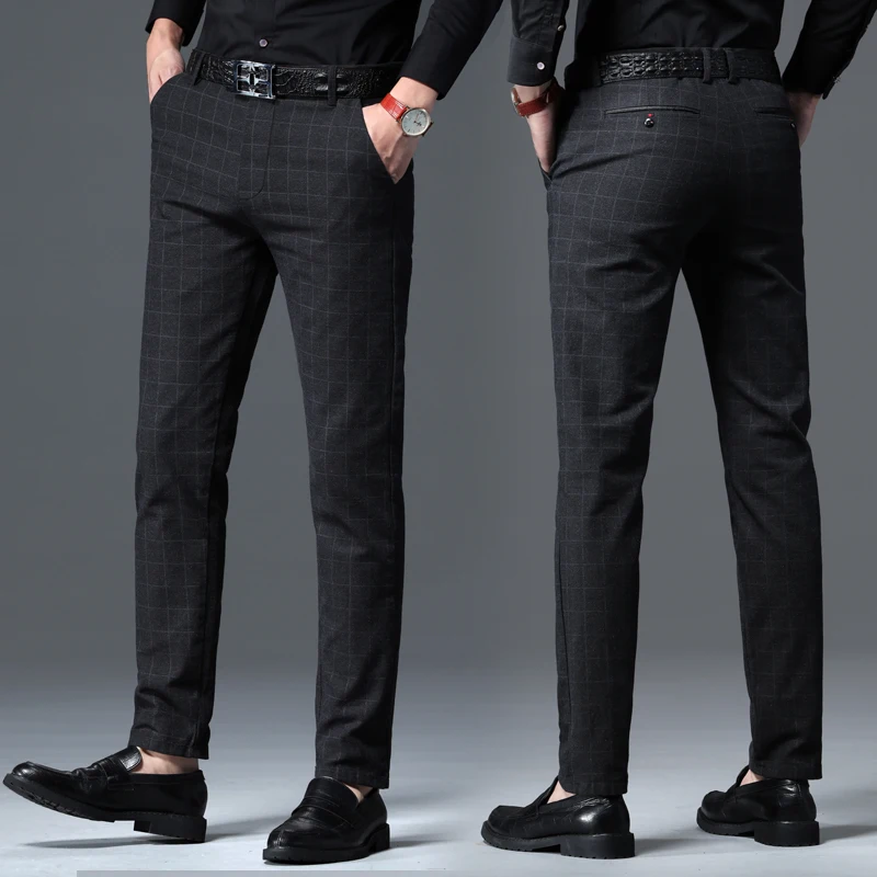 Casual Pants Autumn New Men's Slim Plaid Casual Pants Fashion Soft Stretch Business Work Trousers Gentleman Brand Clothes Black Blue