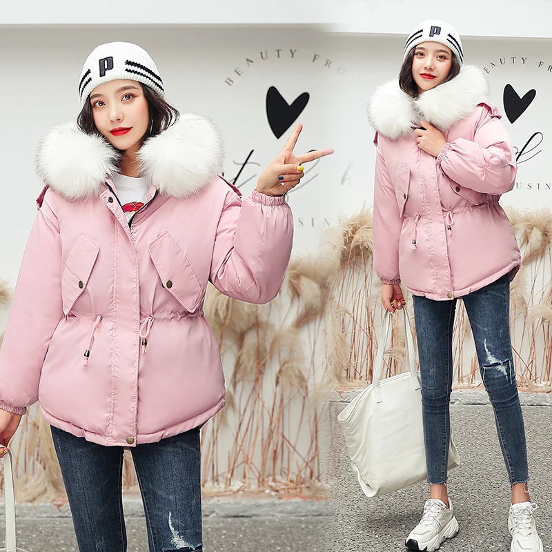 

2019 New Fur Collar Womens Winter Jackets and Coats Slim Winter Hooded Coat Women Parkas Pocket Zipper Clothes
