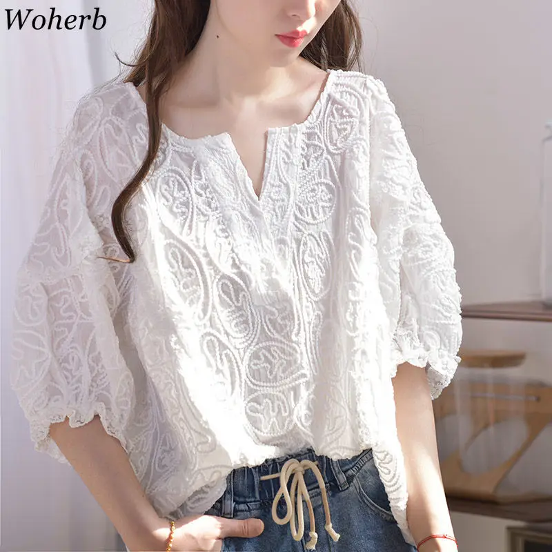 

Woherb Women Blouses 2020 Summer Korean New Clothes Lace Hook Flower V-neck White Blouses Loose Lantern Sleeve Casual Sweet Tops