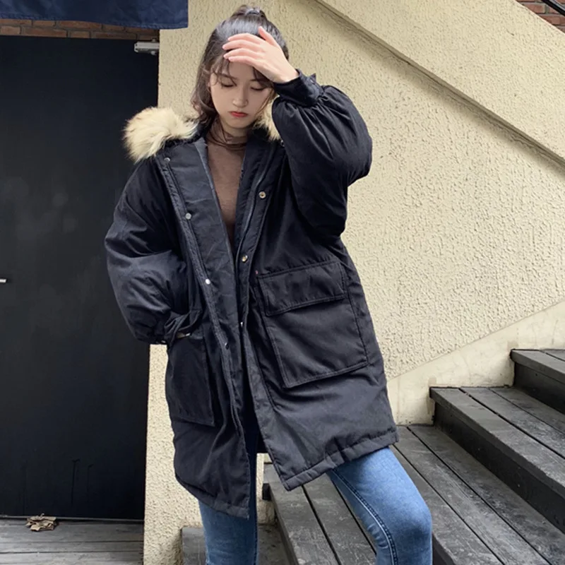 

Loose-Fit Black with Extra Lining Cotton-padded Jacket 2019 Winter WOMEN'S Dress New Style Fur Collar Hooded Coat Students Mid-l
